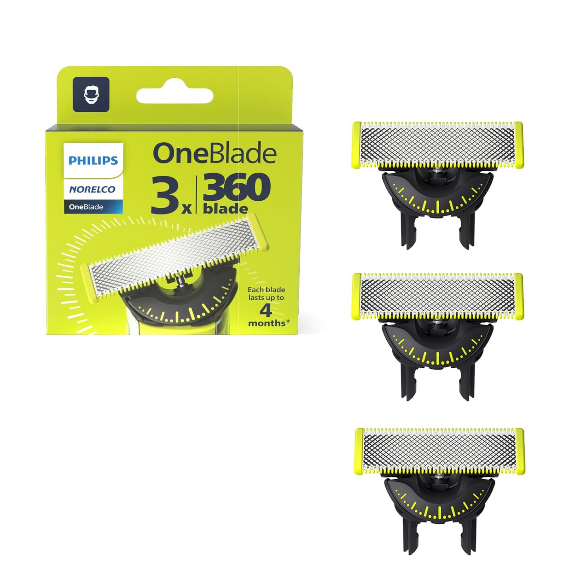 Philips Norelco OneBlade 360 - Cuchillas de repuesto originales para afeitadora y recortadora eléctrica OneBlade, acero inoxidable duradero, recortar, borde y afeitado, paquete de 3