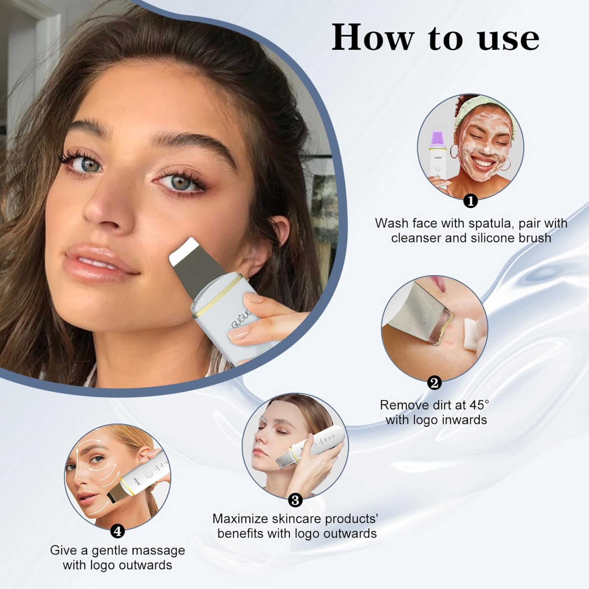 GUGUG Limpiador de Piel Espátula Facial Herramientas para Limpiar Poros Eliminador de Puntos Negros para Limpieza Facial Profunda - 4 Modos - Blanco